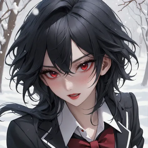 feminine shota, black wolfcut hair, school uniform, classroom, handsome, snow white skin, red eyes, fangs