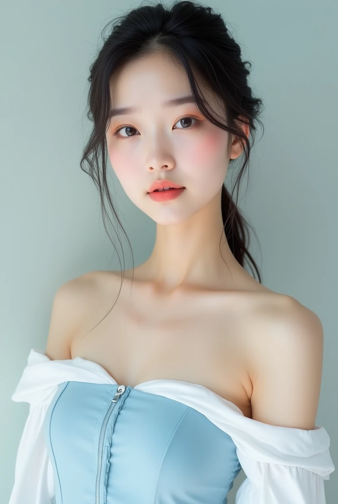 Beautiful and attractive woman in fashion trends, Gentle and attractive Chinese beauty, Delicate and sexy collarbone, Attractive oval face, double eyelid, Clever pink eyes, Pink Lips, Small Nose, Exposing shoulders, Focus on the face, Face close-up, Ultra-...