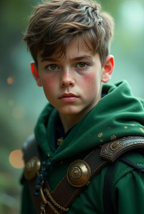 Boy around 15, ((( Green + black outfit) Norse warriors clothes,Short brown hair, detailed face, detailed brown beautiful eyes, (intricate:1.3), (arcane aura:1.2), (dreamlike:1.3), (subtle mist:1.1),(vibrant colors:1.2), (detailed hair:1.3), (ultra realist...