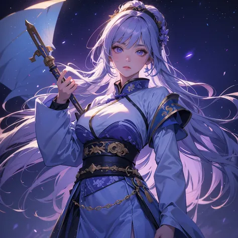 A beautiful female general holding a big spear in white-blue ancient Chinese general costume, background is a dark moonless night, with dry trees in the background, and purple glowing light, close up.