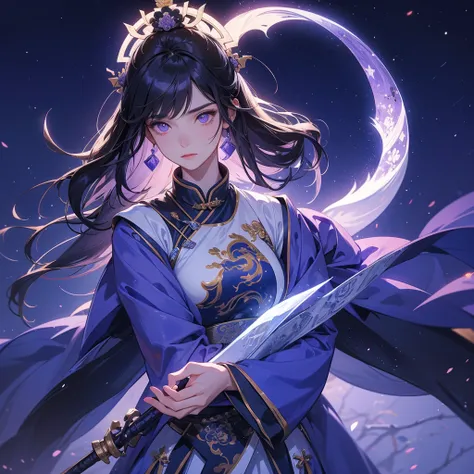 A beautiful female general holding a big spear in white-blue ancient Chinese general costume, background is a dark moonless night, with dry trees in the background, and purple glowing light, close up.