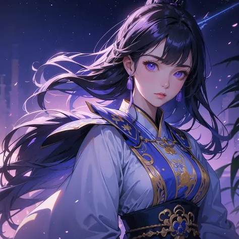 A beautiful female general holding a big spear in white-blue ancient Chinese general costume, background is a dark moonless night, with dry trees in the background, and purple glowing light, close up.