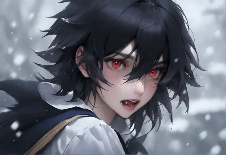 feminine male, black wolfcut hair, school uniform, classroom, handsome, snow white skin, red eyes, fangs