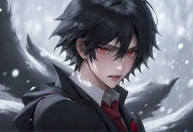 feminine male, black wolfcut hair, school uniform, classroom, handsome, snow white skin, red eyes, fangs