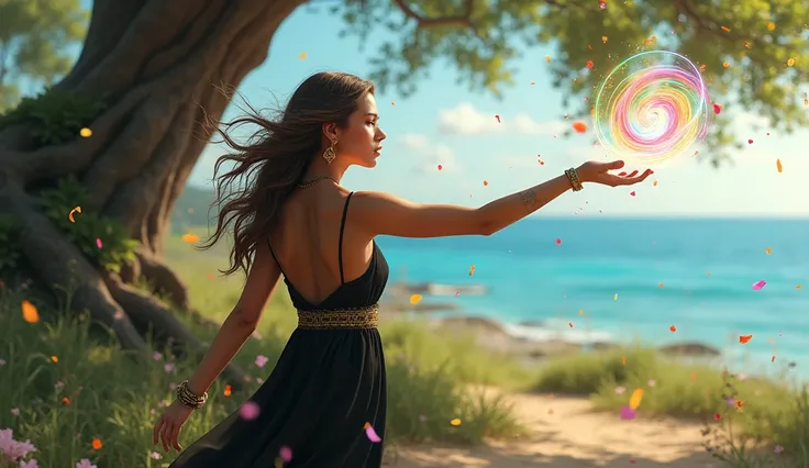 Masterpiece, best quality, (very detailed CG unity 8k wallpaper) (best quality), (best shadows) Nature, blue sea,delicate leaves petals of various colors falling in the air, super detailed , woman 30 years old, arm outstretched, rainbow color Will-o-the-wi...