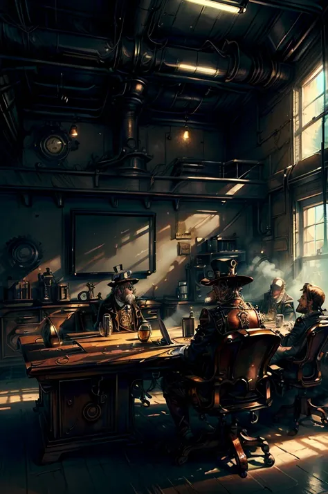 (masterpiece, best quality: 1.2), ultra detailed, cinematic lighting, HDR, meeting scene, conference room, steampunk outfits, ((multiple men and women)), sitting, long table, steampunk schematics, schematics on walls, steampunk conference room style, large...