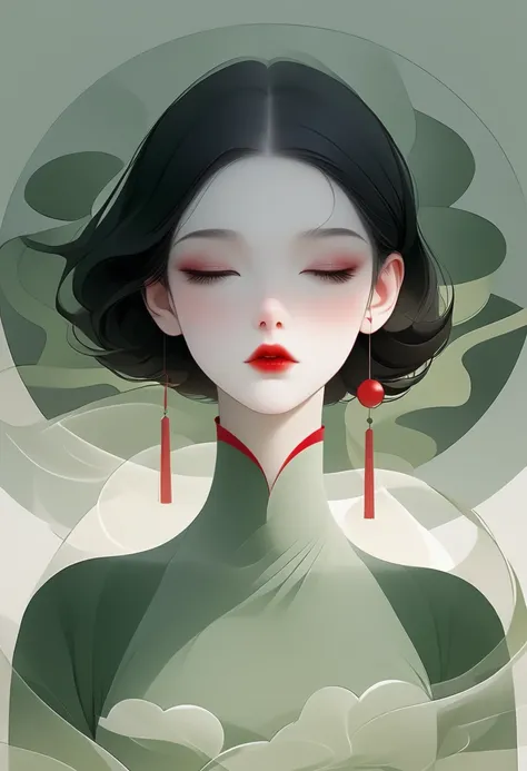 (masterpiece, best quality:1.2), 1 girl, solitary,pretty face，red lips，black hair，simple hairstyle，minimalist art nouveau，illust...