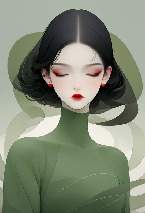 (masterpiece, best quality:1.2), 1 girl, solitary,pretty face，red lips，black hair，simple hairstyle，minimalist art nouveau，illust...