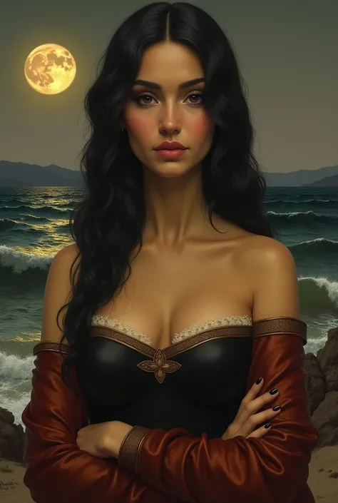 Renaissance painting of a dark-haired woman with brown skin and a large nose, eyes black, gorda, near a sea at night
