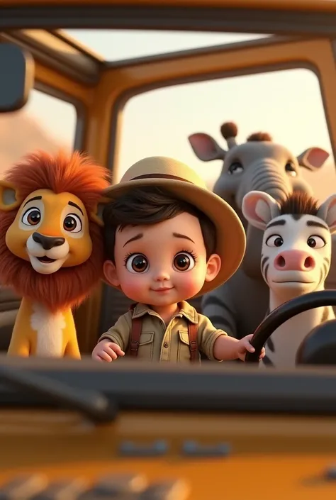 An eight month old baby wavy hair shaved on the sides black round dark eyes big eyelashes dressed as a Safari in a Jeep with a baby lion a baby zebra a baby elephant and a baby giraffe Pixar 3d