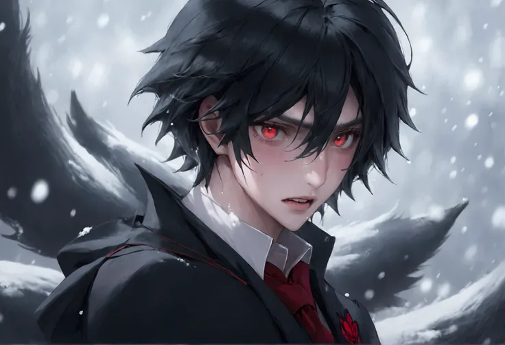 male, black wolfcut hair, school uniform, classroom background, handsome, snow white skin, red eyes, fangs