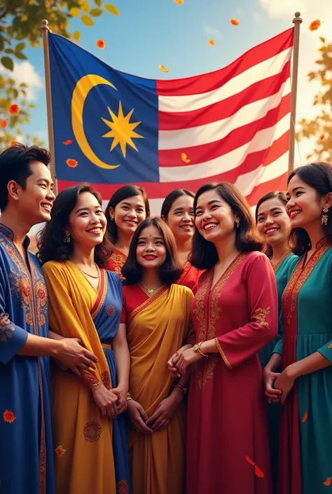 a groip of malay muslim, indian,  chinese, celebrate indoendence day of malaysia with malaysian flag with face of proud