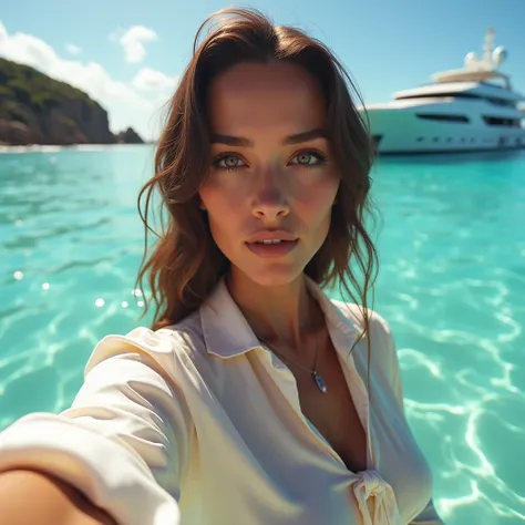 selfie photo of a jezebel woman in a ocean, clear water, sunny, bright, wearing a glamorous satin blouse with white tie, yachts in the background, uploaded to Instagram