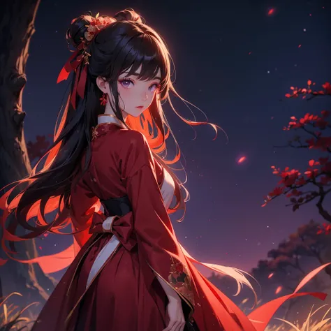 A beautiful female in red-black hanfu dress , Standing in the middle of Background is a dark moonless night, with dry trees in the background, and purple glowing light , close up.