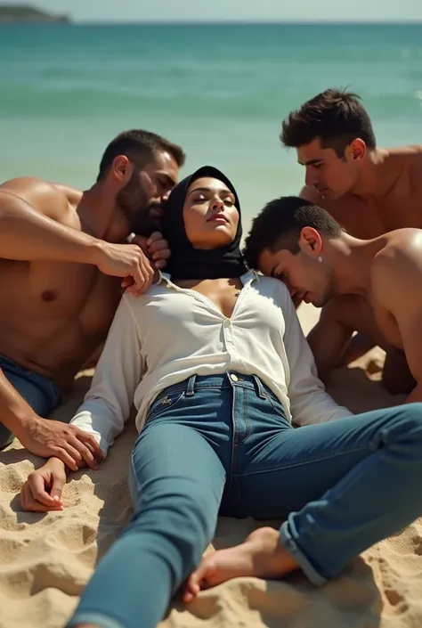 with black headscarf, white long sleeve t shirt, barefoot , Sexy skinny woman in jeans lying on the beach. 4 men touching woman&#39;s breasts. 