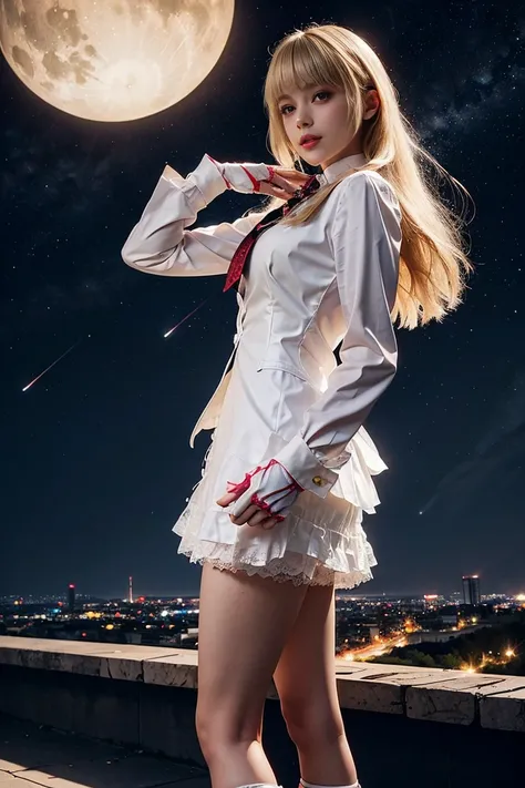 (Masterpiece, Best Quality: 1.3), 1girl, solo, long hair, standing, skirt, mid-calf shoes, starry sky, night, looking at viewer, braids, medium bust, Lili, blonde, blunt bangs ，fingerless gloves