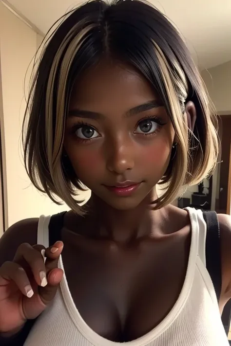 one girl, Put your hand over your mouth、Beautiful breasts、 Brown eyes, ((Gal Hairstyles)) blonde, girl, (Eye and facial details:1.0), break, (masterpiece, Highest quality, Very detailed, Detailed face, 8k),( dark skin:1.95 ),唇を噛みしめる,(((( large breasts ))))...