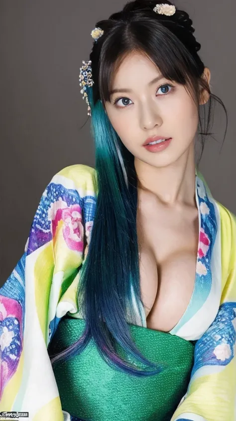 (masterpiece, Highest quality, High resolution:1.4), wallpaper, whole body, One girl, Long Hair, (Blue Hair:1.0), (Black Hair:1.0), Green Eyes, Multicolored Hair, Gradient Hair, Large Breasts, Turn to the side, yukata , Have a popper, night, Hair Clip, ban...