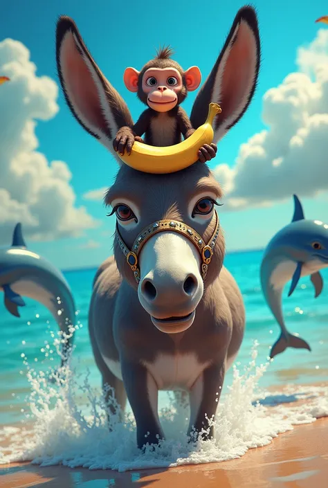 I want a donkey with braces accompanied by a cute monkey crying on top of it while eating a banana, Flying in the sea and with them some dolphins full of colors and brightness