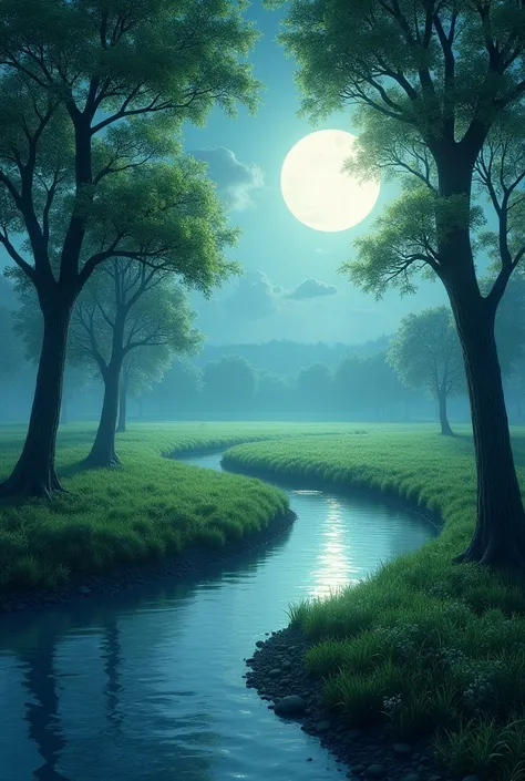 Massive green field , flowing river of fresh water, full moon on the sky, mapple trees on the river side 