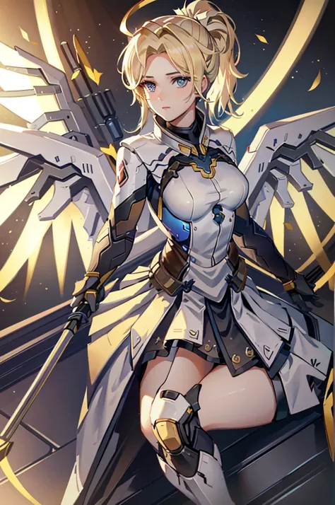 mercyover, 1girl, mercy (overwatch), mechanical wings, mechanical halo, solo, blonde hair, wings, blue eyes, halo, staff, yellow...