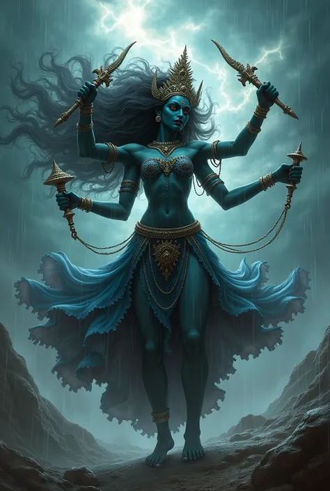 Angry fearfull very cosmic energetic dark color goddess mahakali dancing horribly in dark rain wearing full clothes