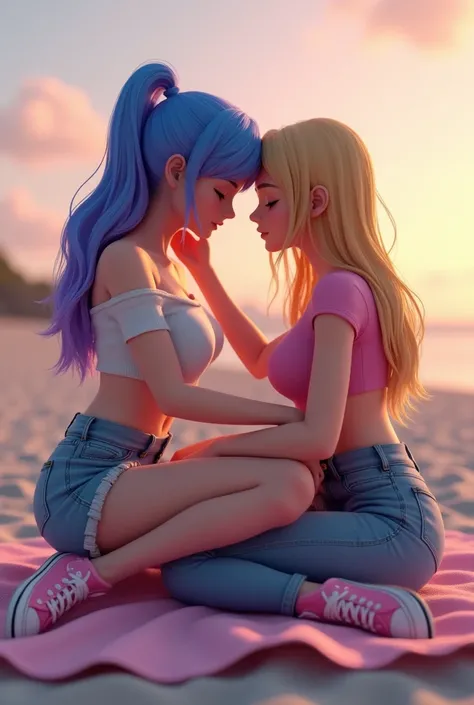 3d art of two girlfriends, one with blue hair with purple highlights and the other blonde with straight hair. The blonde is wearing a casual feminine look., pink with jeans. The one with blue hair wears a denim mini skirt and a white crop top., both pink a...