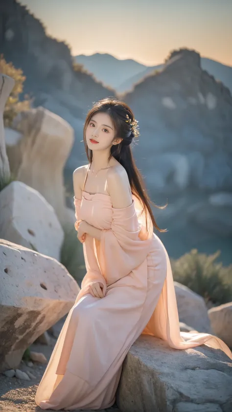 hanfu-song, Hanfu, song theme, try, Pipe top, ((bare shoulders)), ((whole body)), actual, Fashion girl, red lips, aldult, cosmetic, big eyes, beautiful eyes, ((whole body)), ((from below)), (best quality, masterpiece:1.2), super detailed, (actual:1.37), ((...