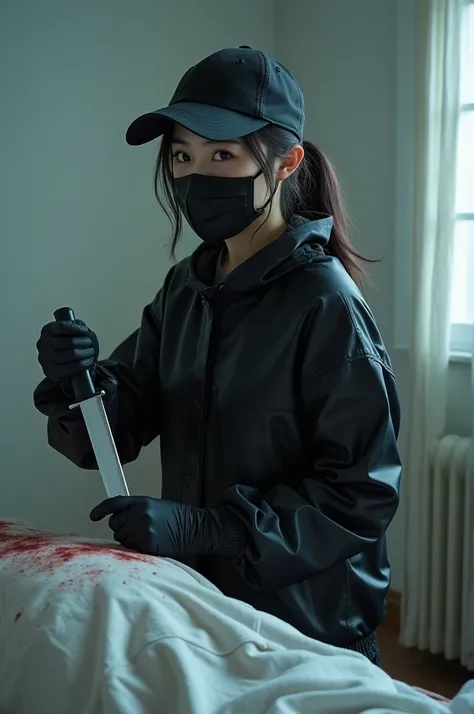 korean girl, (behind stiff, holding knife), stabbing, black surgical mask, black gloves, white room, black raincoat, looking at viewer, black wet suit, trucker hat, holding knife, black gloves, woman on top, behind cadaver, blood splatter, on the bed, look...