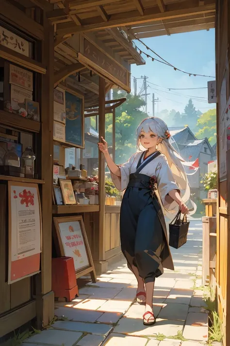 Illustrations for childrens picture books,realistic, detailed illustration,A serene town center with an elderly witch as the focal point. The witch has long white hair tied up and a kind, gentle expression. Shes holding up a sign that reads Happy Bento Sho...