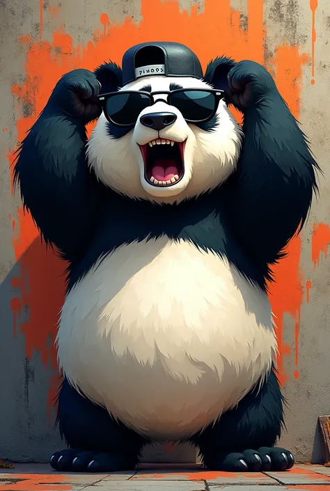 An animated graffiti-style panda with black sunglasses and a backwards cap, hands on head demonstrating "Surprise"