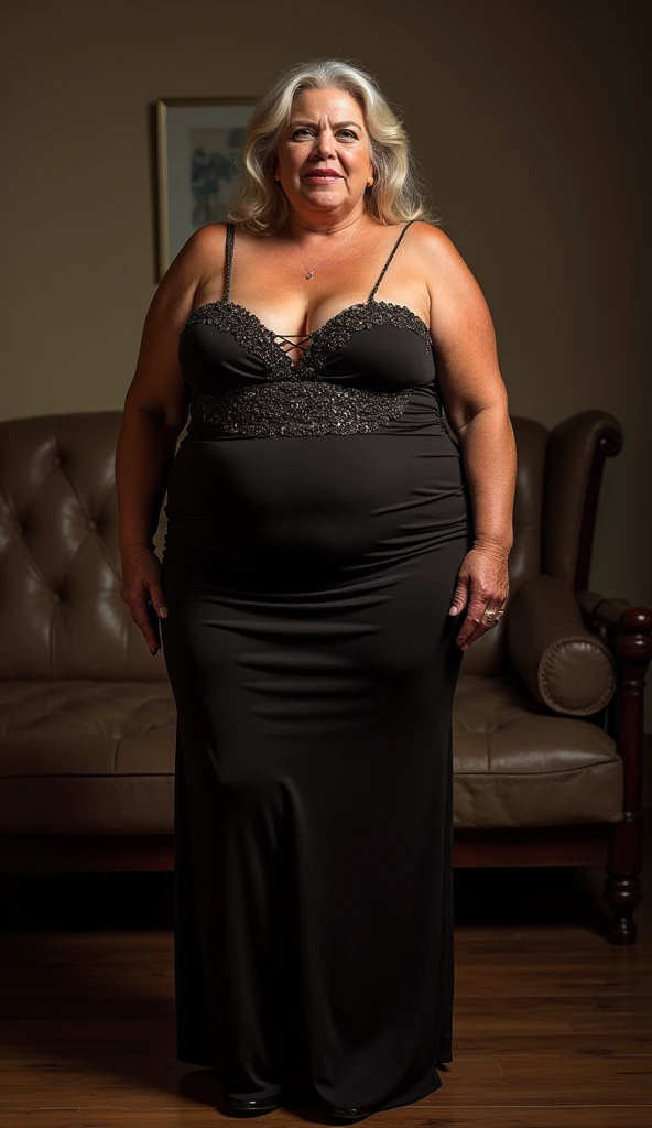 Older fatty women in hot dress in room full body