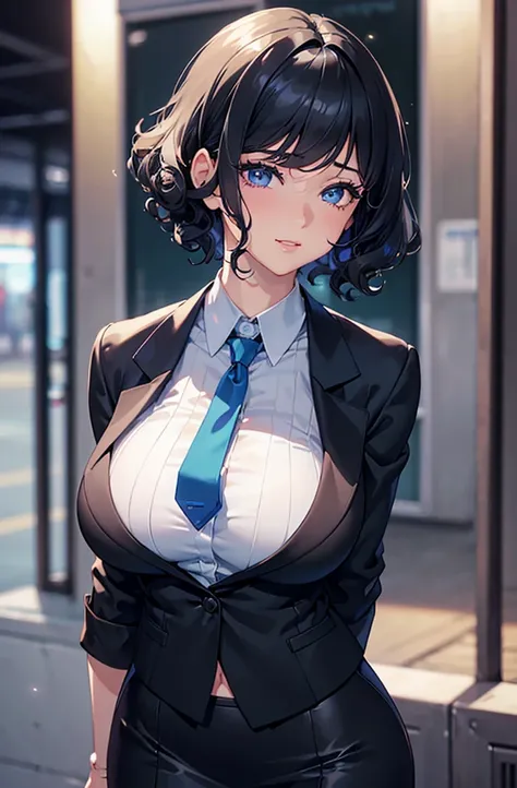 ((Short Hair, Highest quality, High resolution, Hmph, Pixel perfect, 4K, Hmph, Hmph))), One Girl, single, alone, Beauty、 ((  Black Hair、bangs、Curly Hair)), ((Big blue eyes, Beautiful eyelashes, Realistic eyes、Double)), ((Detailed smile, )), ((Smooth textur...