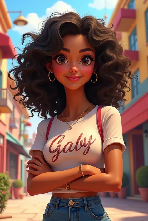 Create a pixar-type image of a dark-skinned girl with medium-long curly hair who is an eyebrow and eyelash designer and her name is Gaby with her name written on her clothes