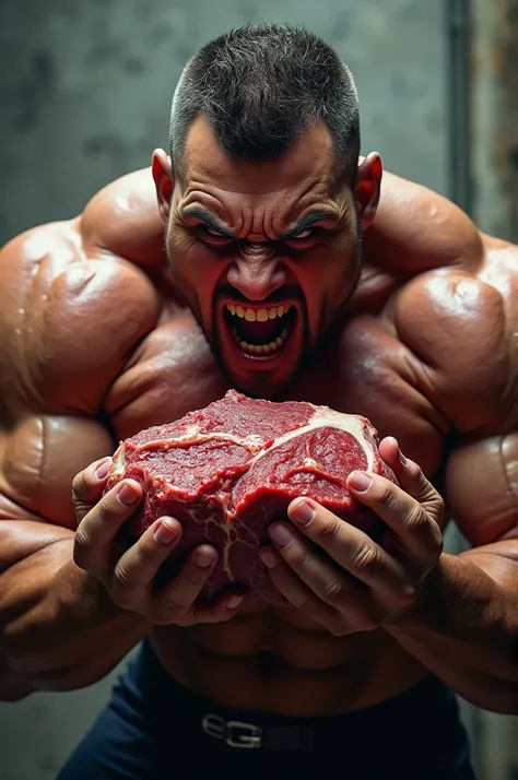 Bodybuilder eating meat angry face