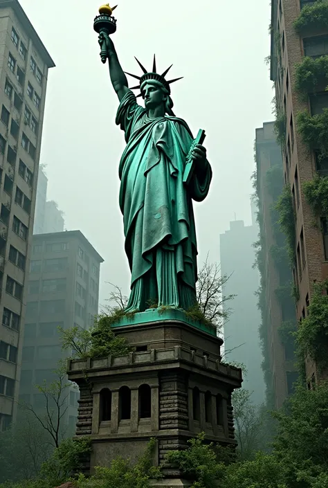 Je veux une photo ultra realiste de la statue de la liberté en mode urbex et en ruine envahit par une végétation luxuriante, on dirait une vraie photo, tout est détruit et cassé 