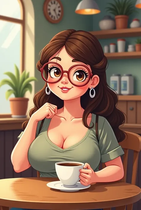 A cartoon AI image of a cute chubby woman wearing glasses sitting and drinking coffee.