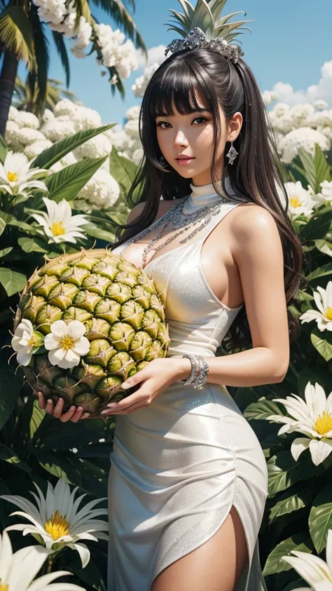 a young woman holding a huge juicy pineapple, surrounded by huge white flowers, with a silver outline, hyper-detailed, ultra-realistic, glittering, shiny and shimmering, rendered with professional hard pencils, high definition