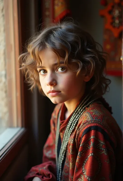 A close-up photograph of a young Rifian person with light brown eyes and brown; light skin hair, wearing traditional Amazigh attire. They are sitting by a window, with soft, warm sunlight streaming in and highlighting the intricate patterns of their clothi...