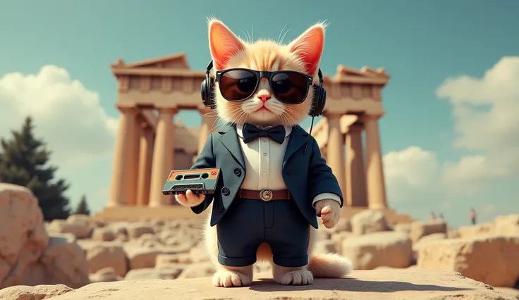 1920x1080 16:9 Perfect Centering, Cute kitten, Wear formal attire, Wear sunglasses, Wearing headphones and holding a cassette tape, Standing position, Abstract Beauty, Centered, Looking into the camera, To the camera, Near perfect, dynamic, Parthenon in At...