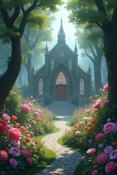 Just a gigantic garden with several magical flowers and a chapel in the center 