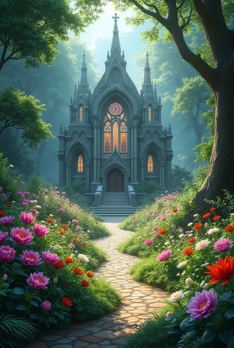 Just a gigantic garden with several magical flowers and a chapel in the center 