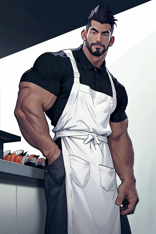  1 tall man 30 years old frontal photo with defined muscular body, bulge marking the apron below, wearing white apron, under the apron he wears a black polo shirt, apron without pockets,. His appearance is Latin Asian, wears a goatee, must have a strong ja...