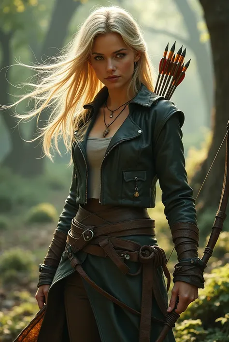 Women dark blond hair, fae, wirh bow, leather outfit, trousers, from the front 