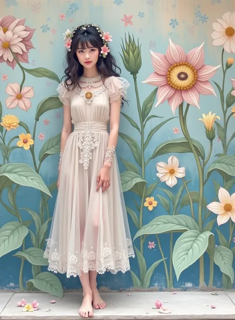 There is a woman standing in front of a wall with a floral mural on it.。, Written by Ayami Kojima, 🚿🗝📝, ❤🔥🍄🌪, shikamimi, 🎀 🧟 🍓 🧚, 🐝👗👾, 🤬 🤮 💕 🎀, Fairy Core, My motto is Teshirogi, 🎀 🗡 🍓 🧚