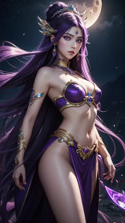 Moon Princess, complex decorations, expressive eyes, interesting hairstyleVery long hair, purple eyes, parted lips, Shine, Multiple projection, Halo, Abstraction, accuracy, Realistic anatomy, Action painting, 