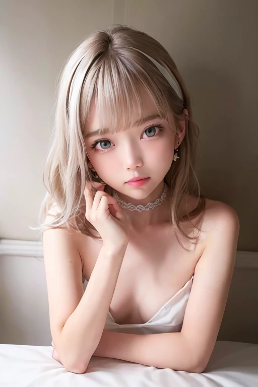 masterpiece、Highest quality、8k、Absurd、 (Upper Body:0.8)、Nudie Princess dress、(milk:1.2) White-haired beautiful girl、choker、Earrings、Bangles、Cute face、Viewer&#39;s Eyes、smile、Ultra-realistic、High resolution、photograph、Film Grain、chromatic aberration、Sharp F...