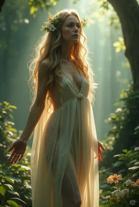 (masterpiece:1.4), (best quality:1.4), (ultra highres:1.4), 1girl, solo, beautiful lighting, forest background, dappled sunlight, nude, long flowing hair, flowers in hair, delicate features, ethereal glow, standing pose, arms outstretched, nature spirits, ...