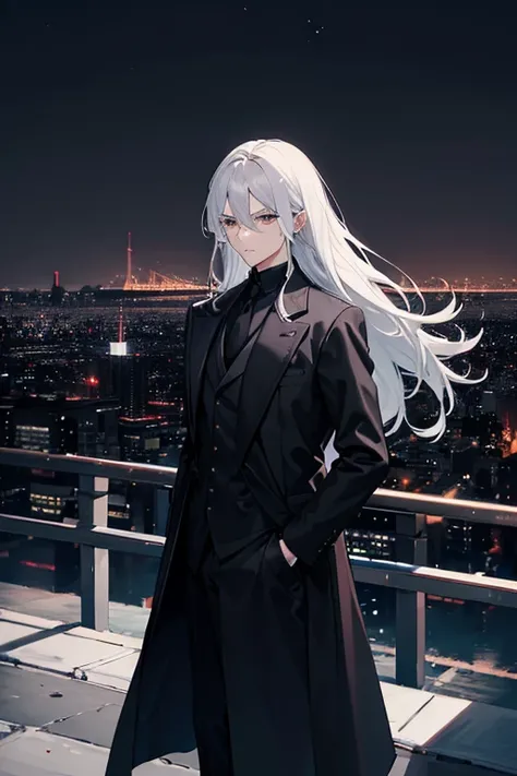 long black coat, grey shirt, white caravat, suit, death god, city night view