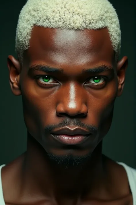 man with dark skin like coffee with milk, shaved white hair, green eyes 